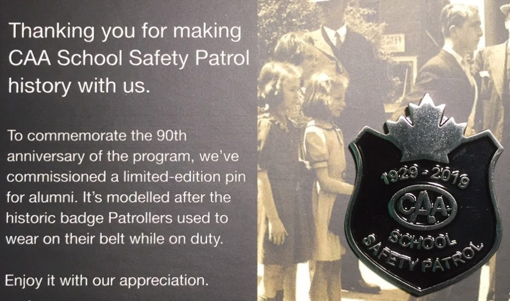CAA Safety Patrol Recognition letter and pin