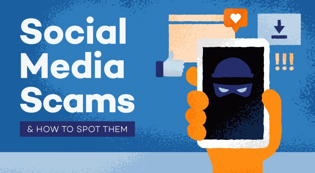 Social Media Scams - drawing of a hand holding a phone