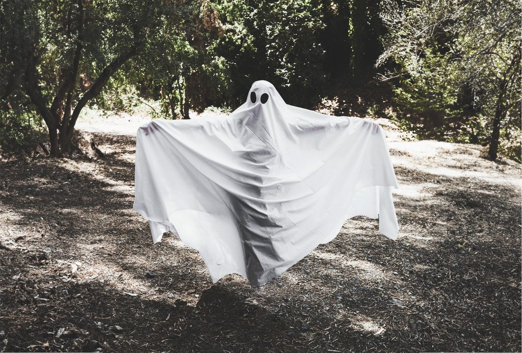 Human with a white sheet pretending to be a ghost, standing in a forest.