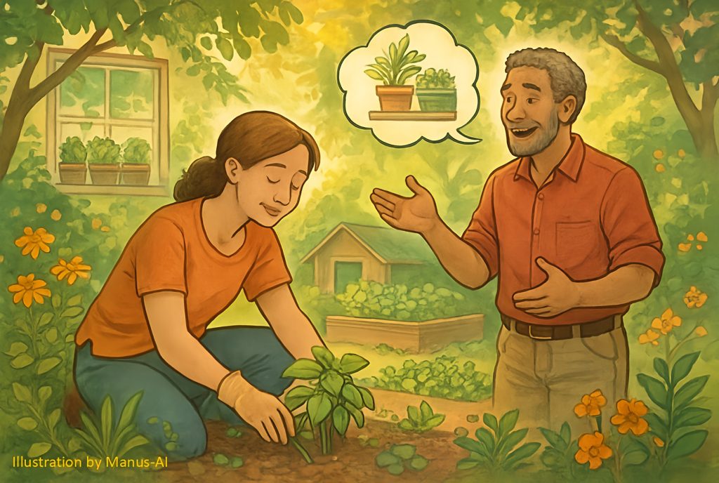 An AI generated image of two people talking while gardening.